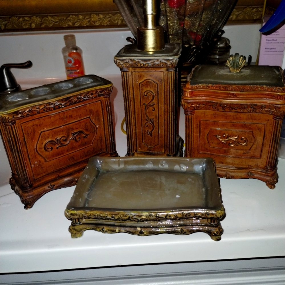 Bath set soap dish, lotion dispenser, toothbrush holder, and tinkle box